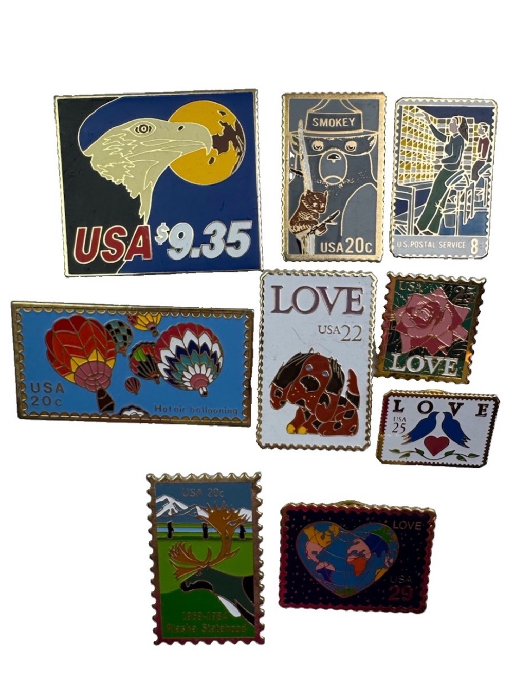Lot Of 9 Vintage USPS Postage Stamp Label Pins Smokey Bear Love Balloons Postal